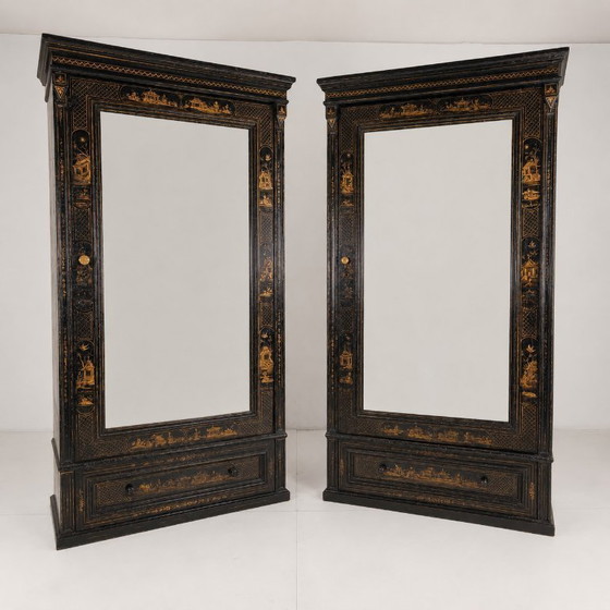 Image 1 of A pair of 19th-century Chinoiserie-style linen cupboards/wardrobes.