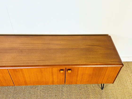 Image 1 of Low Scandinavian teak sideboard with 4 doors and hairpin metal legs, 1960