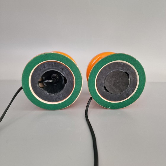 Image 1 of Set van 2 Vintage Tafellampen – Oranje Keramiek & Opaalglas – Space Age Look – E14 – 22 cm Hoog. MCM, 1970s.