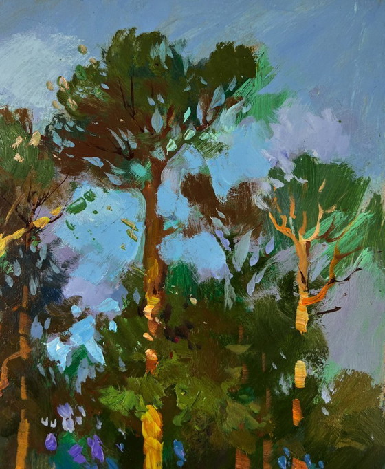 Image 1 of Original Oil Painting Summer Coastal Landscape Forest descending to the river banks
