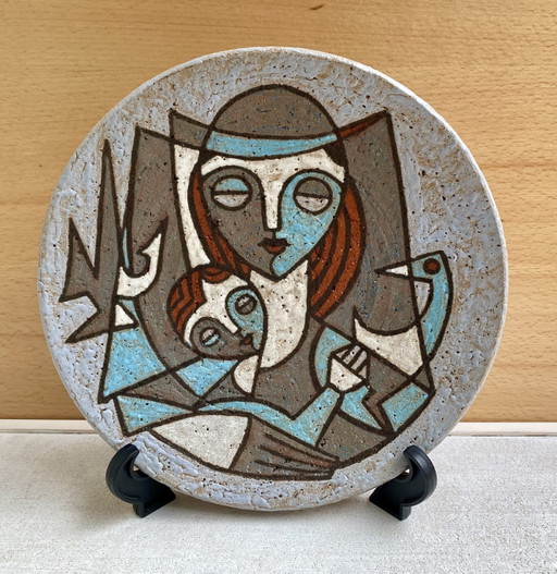Vintage Ambacht Haalderen Keramiek Wandbord – Moeder en Kind (26 cm)