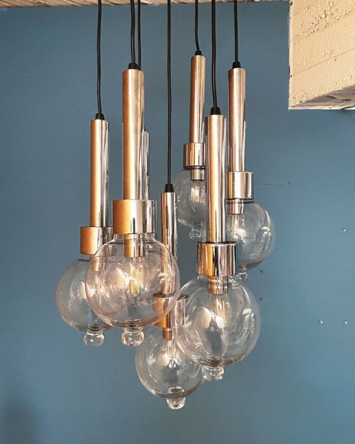 Lampada a sospensione vintage a 7 sfere – vetro soffiato e cromo – anni '70