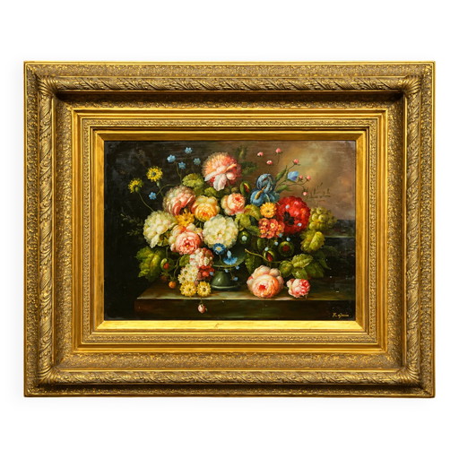 Still life with roses in a beautiful frame on a wooden panel in Flemish style. – schilderijen tekeningen