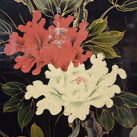 Image 1 of Vintage Chinese zwarte lakkast vogels en bloemen bohemian /bohemian kast (tv kast) oosterse kast 
