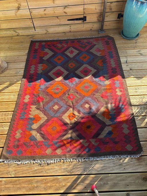 Veelkleurig handgemaakt kilim vloerkleed. Turkije, jaren 1970
