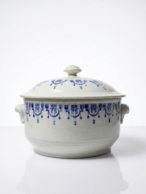 Antique glazed ironstone bouillon/casserole dish with blue St Uze decoration