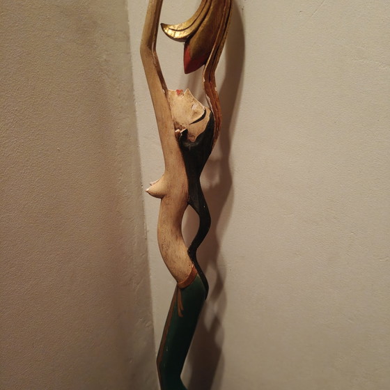 Art Deco wooden dancer statue – Balinese style, hand-carved, marble base, 70cm – Sculpture (photo 3 of 13)