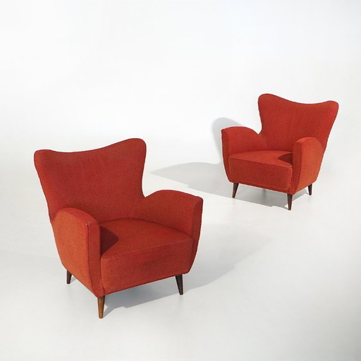 Coppia di poltrone rosse con piedini a cono, anni '50 – fauteuils, Textile, Wood