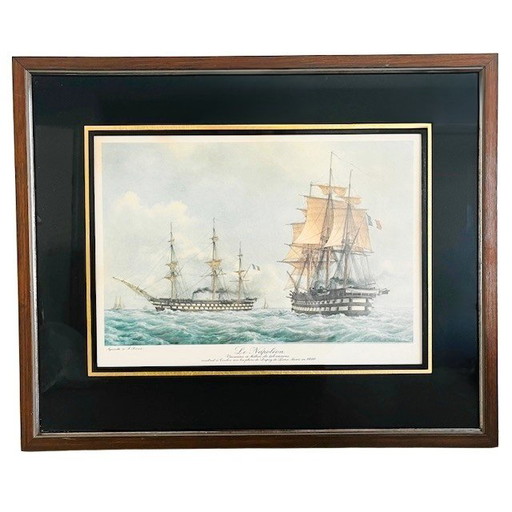 Vintage gerahmte maritime Lithographie F. Roux Le Napoléon Schiff Boot 1960er Jahre
