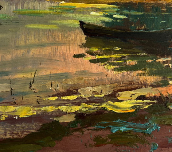 Image 1 of Original Oil Painting Evening Coastal Landscape Orange sunset over the river