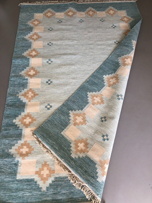 Tappeto rollakan di grandi dimensioni, unico e tessuto a mano, in lana, double-face con motivi scandinavi, 3 x 2 m.