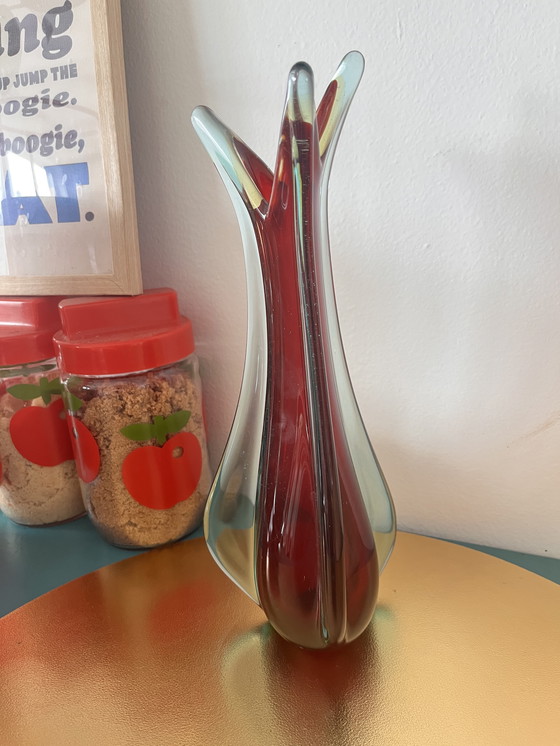Image 1 of Vaso vintage di Murano – rosso con vetro Sommerso blu-verde – anni '60
