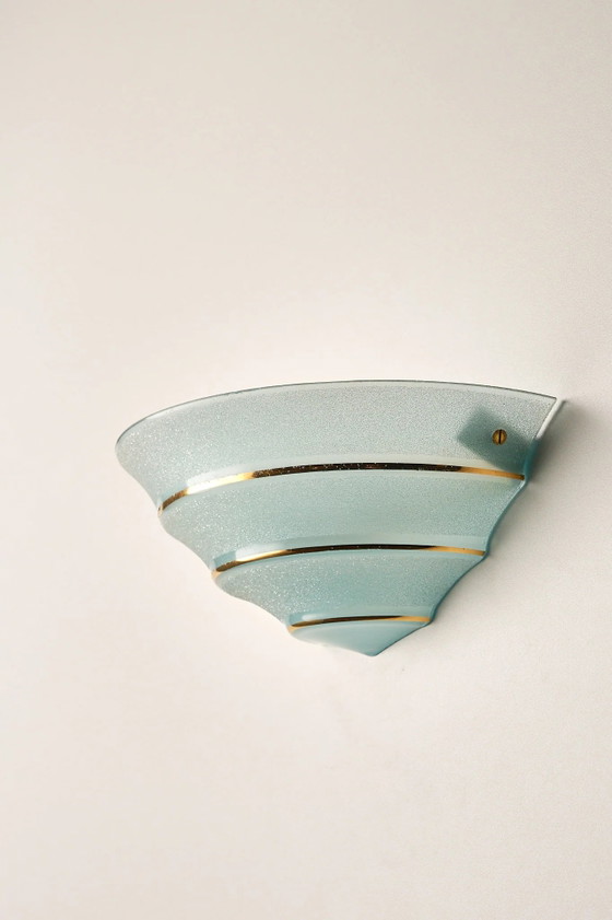 Mid-Century Blue Glass Shell Wall Sconce with Gold Stripes, Wall lights, Brass, Mid Century Modern (photo 3 of 8)