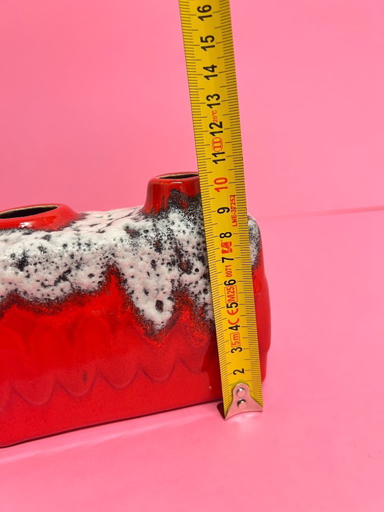 Image 1 of Vintage West Germany Ceramic Chimney Vase Bay Keramik 517-10 Red Lava Fat Lava Flower Vase 1970s