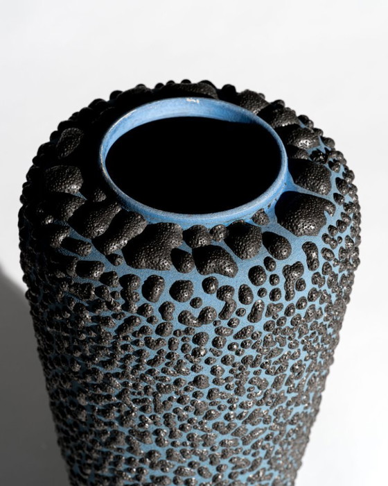 Image 1 of Large Albert Kiessling Textural Lava Relief Studio Ceramic Vase Blue and Black
