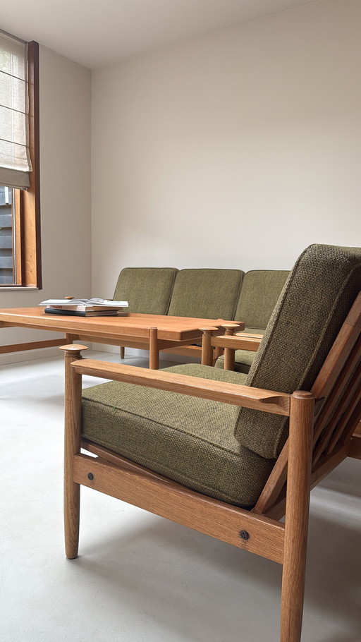 Vintage wooden sitting area / sofa / coffee table / armchairs