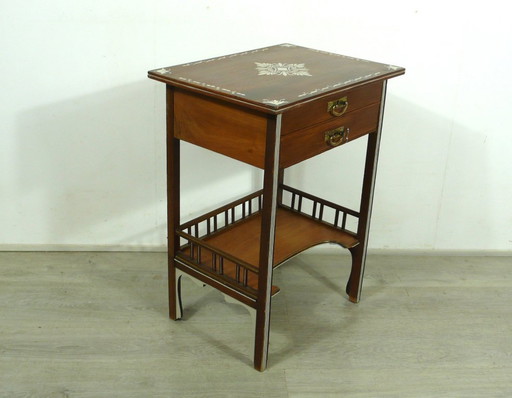 Side table Sewing table Art Nouveau around 1910, walnut + cream accents