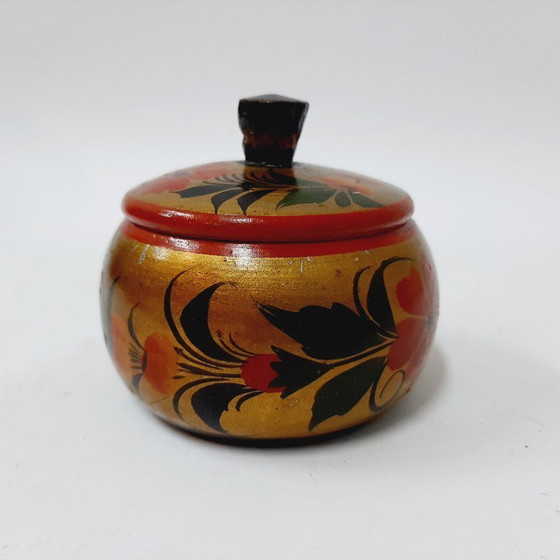 Image 1 of Mini scatola portaoggetti russa Hohloma d'epoca con coperchio