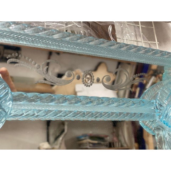 Image 1 of Venetian Rectangular Light-Blue Floreal Hand-Carving Mirror In Murano Glass Style