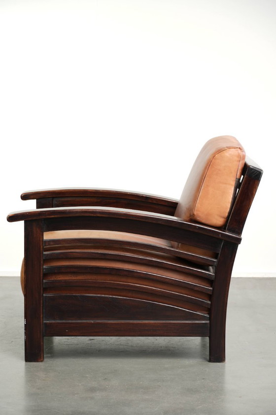 Comfortable and beautiful cognac-colored cowhide leather armchair in luxurious Art Deco design – Klassiek (photo 5 of 12)