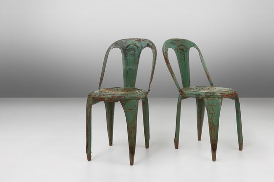 Image 1 of Set of 4 Vintage Green Model A Chairs from Tolix, France, 1950s