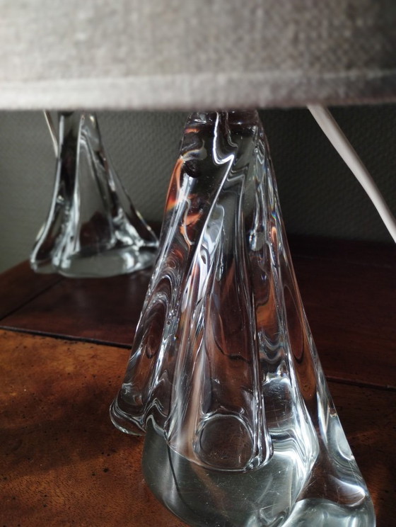 Image 1 of Pair of table lamps - 1950s style twisted clear glass bases - Hemp cylindrical lampshades