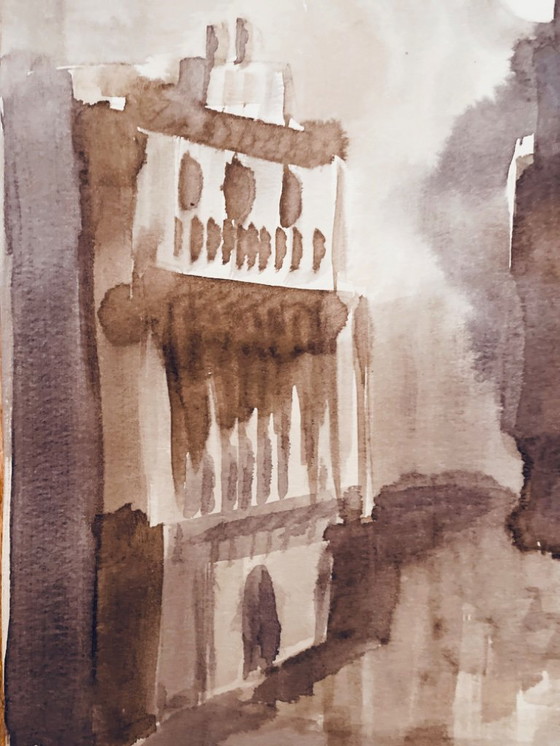 Image 1 of Dipinto ad acquerello monocromatico firmato seppia Chiaro di luna su Tangeri