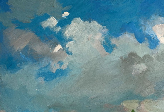 Image 1 of Origineel olieverfschilderij: Zomerlandschap, wandeling door de weilanden.