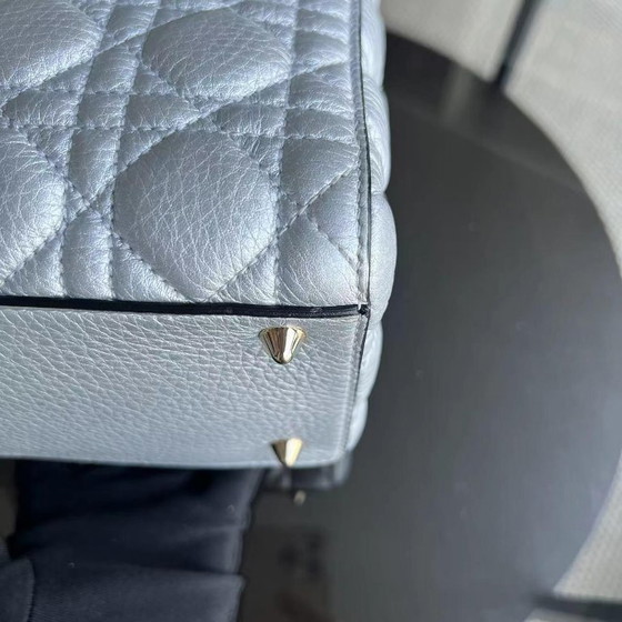 Image 1 of *FLAP OPEN* DIOR LADY MEDIUM - GRAINED CALFSKIN METALLIC SILVER GOLDEN HARDWARE