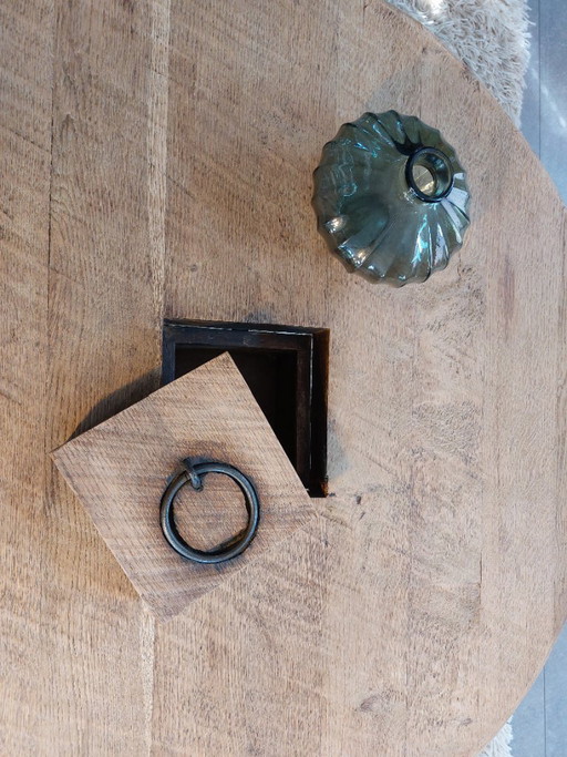 Unique Brutalist Coffee Table in Solid Oak - Wabi-Sabi/ Antique Threshing Wheel (110 cm)
