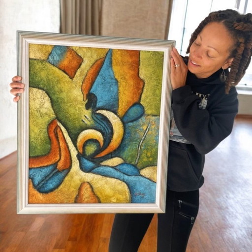 Bill B. Long Modernist Abstract Painting in Original Rainbow Frame