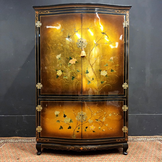 Image 1 of Vintage Chinese cabinet birds, flowers gold leaf bohemian cabinet / oriental cabinet / chinese cabinet