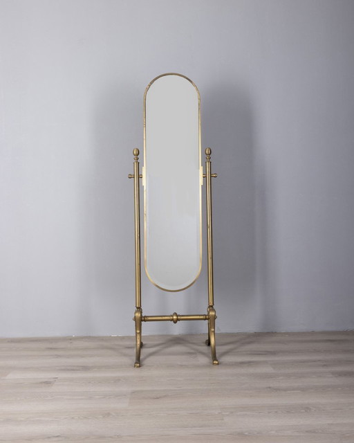 Vintage 1950s floor standing psyche mirror in golden brass Italian design