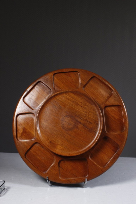 Image 1 of Digsmed Danimarca - Vassoio da portata in teak e vetro con base girevole, design anni '60