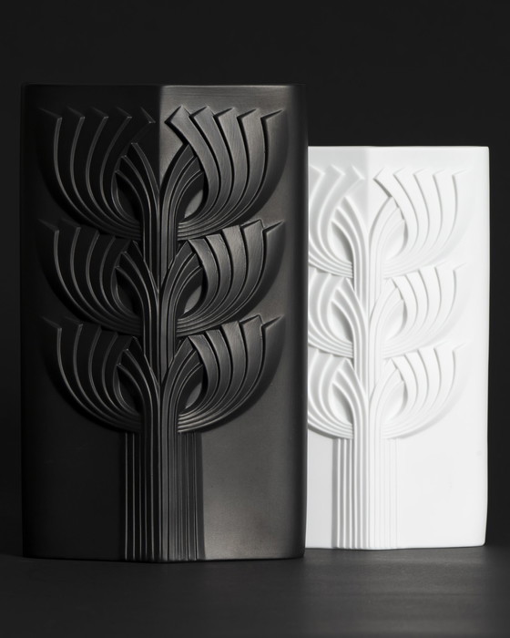 Image 1 of Rosenthal Rosemonde Nairac Bisque Porcelaine Vase Duo Tree Of Life Op-Art Noir & Blanc