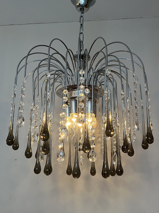 Image 1 of Lampadario a goccia XXL di design con gocce di cristallo e struttura cromata, italiano