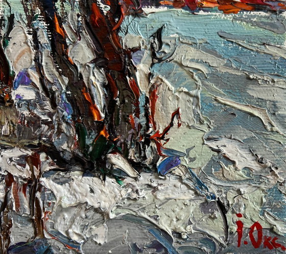 Image 1 of Original Oil Painting Winter Village Landscape First winter ice