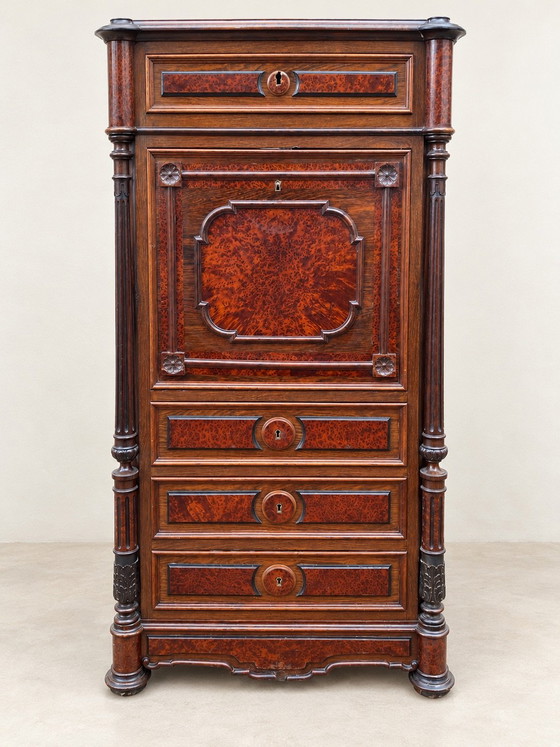 Secretaire con ribalta Napoleone III del XIX secolo in noce e acero, Cassettiere, Legno, Marrone (foto 2 di 11)
