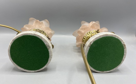 Image 1 of 2 Art Nouveau Tafellampen • Roze Gefrost Glas Bloemenkap • Messing & Marmer Voet