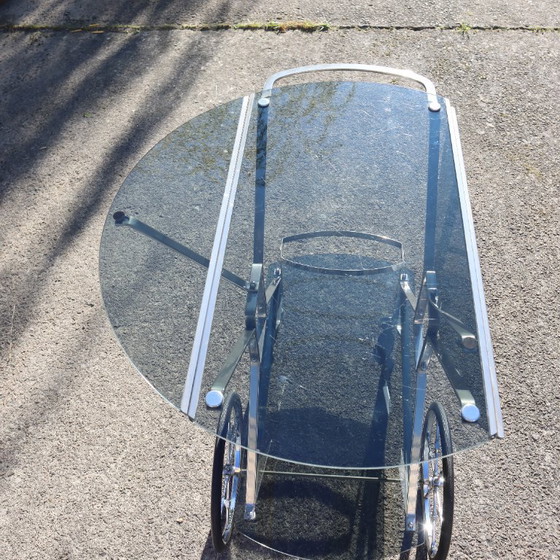 Image 1 of French Mid-Century Smoked Glass and Chrome Bar Trolley-Drop Leaf Bar Cart-Vintage Two Tier Dessert-Bar Trolley-60s