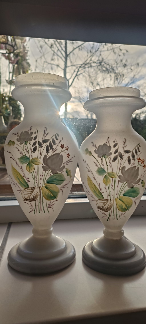 Handgeblazen Opaline Vazen – Frans, Handbeschilderd, Set van 2