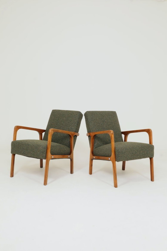 Image 1 of Vintage Pair Armchair Avocado Green Tweed Upholstery, 1960, Poland