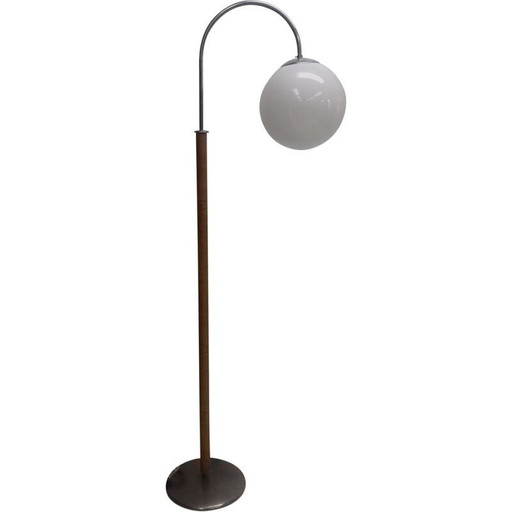 Vintage Art Deco vloerlamp in glas, chroom en hout van Jindřich Halabala, Tsjecho-Slowakije 1930