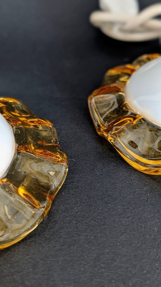 Image 1 of Set van twee tafellampen van Sylcom, gemaakt van Murano-glas – melkwit, amber en goud ✨