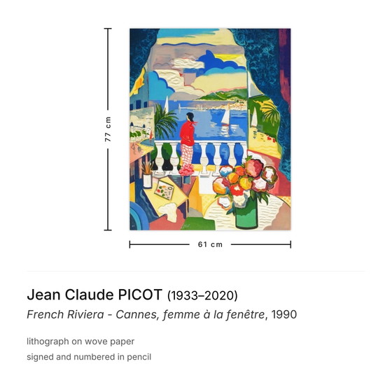 Jean Claude Picot Litografía firmada Riviera Francesa - Cannes, Femme à la Fenêtre – Litografías y grabados (photo 3 of 5)