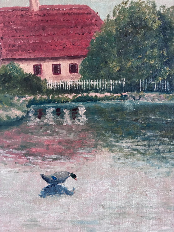 Image 1 of Peinture à l'huile originale vintage représentant un paysage, signée, œuvre d'art de ferme