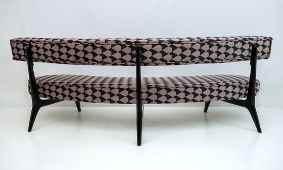 Curved Bench with Black and Beige Geometric Pattern, Kagan, Benches, Textile, Velvet, Mid Century Modern (photo 11 of 12)