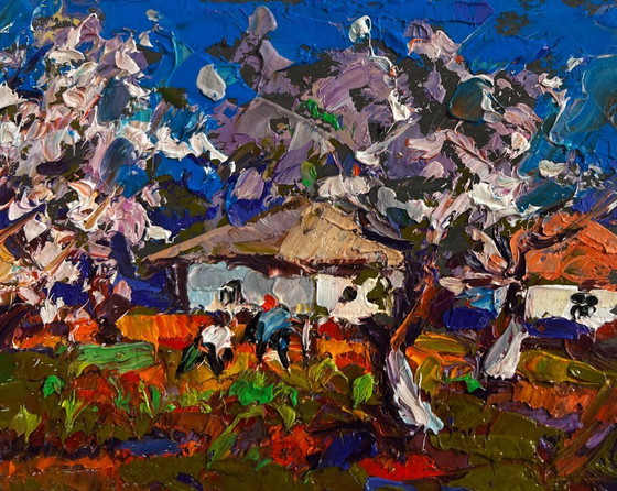 Image 1 of Original Oil Painting Summer Village Landscape The gardens are blooming