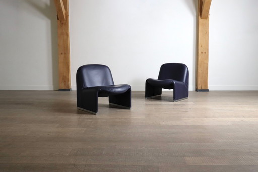 Alky loungestoelen in indigo-leer van Giancarlo Piretti voor Castelli