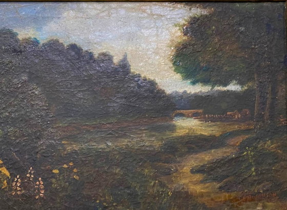 Image 1 of Antique oil painting on panel, landscape, 19th century